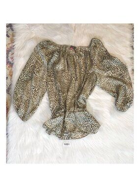 Vince Camuto Womens Casual Top Lg Brown Leopard 3/4 Sleeve Peasant Elastic Waist